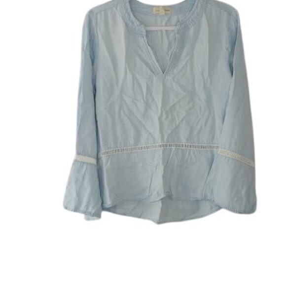 Cloth & Stone Womens Washed Aria Henley Blue Chambray Crochet Inset S - Picture 3 of 5